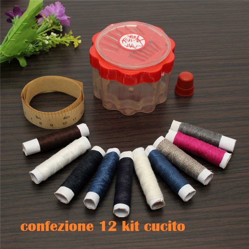 Set 12 Kit Cucito Aghi 10 Rocchetto Filo Metro a Nastro Ditale moc