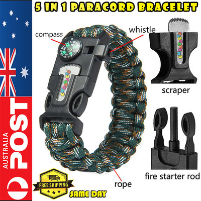 Outdoor Survival Bracelet Paracord Whistle Gear Flint Fire Starter Scraper Kits
