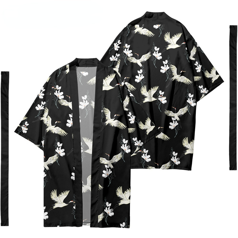Uomo Giapponese Stile Etnico Crane Motivo Kimono Rétro Cardigan Cappotto Outdoor