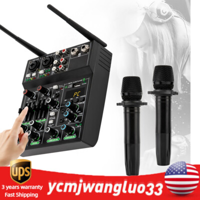 Professional Audio Mixer,4Channel Sound Mixer W/Dual Wireless Mic DJ Live Studio