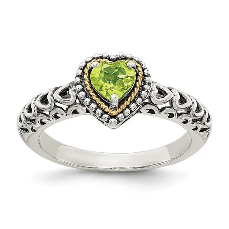 Shey Couture QTC878-6 9 Mm Sterling Silver with 14K Gold Peridot Ring, Antiqued - Size 6