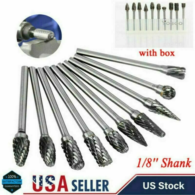 10pcs Tungsten Carbide Burrs Rotary Burr Set 1/4'' Head 1/8S