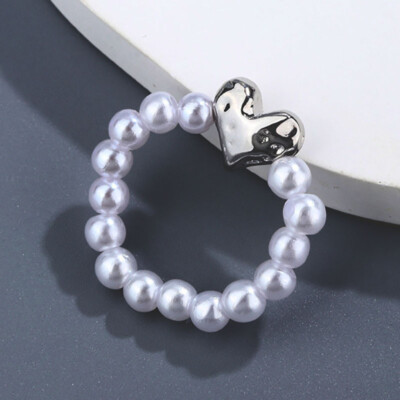 Womens Pearl Beaded Silver Heart Love Ring Promise Ring Engagement Elastic Size