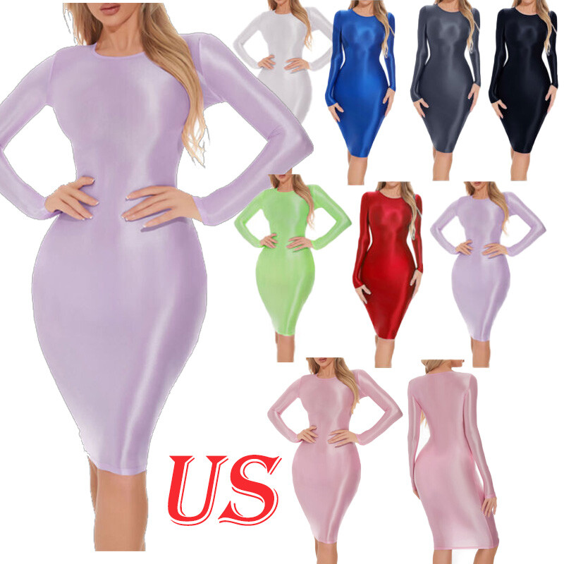 US Womens Oil Shiny Bodycon Mini Pencil Dress Round Neck Hip Wrap Dress Clubwear