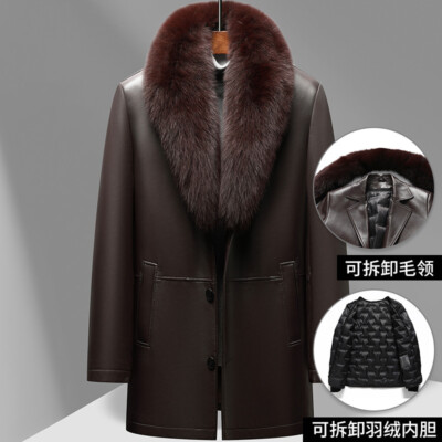 Mens Real Fox Fur Collar Rabbit Fur Lined Sheepskin Mid Long Coat Parka Overcoat