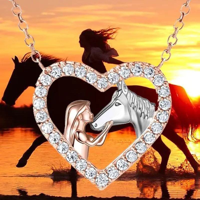 Girl and Horse Necklace for Women Girls Heart Diamond Pendant Necklace Horse Jewelry for Girl Daughter Birthday Party Anniversary Gift