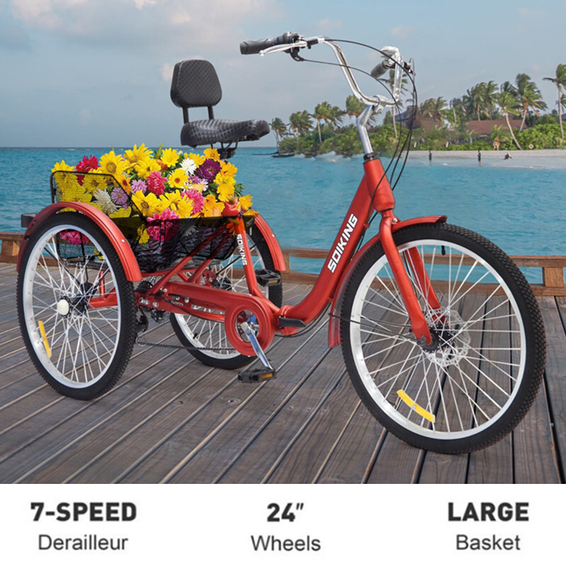 SOIKING 24" Adult Tricycle 7-Speed 3-Wheel Trike w/ Cargo Ba