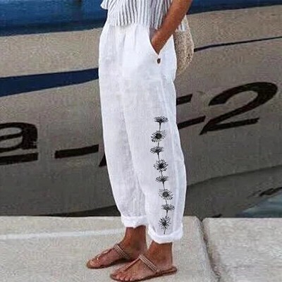 Women Floral Wide Leg Trousers Elastic High Waist Loose Harem Pants Baggy Summer