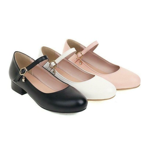 Women Faux Leather Mary Janes Round Toe Block Heel Ankle