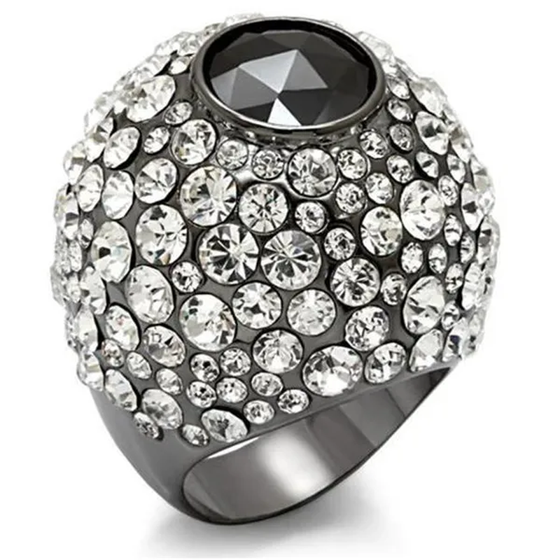 Women TIN Cobalt Black Brass Ring with AAA Grade CZ in Black Diamond - Size 8