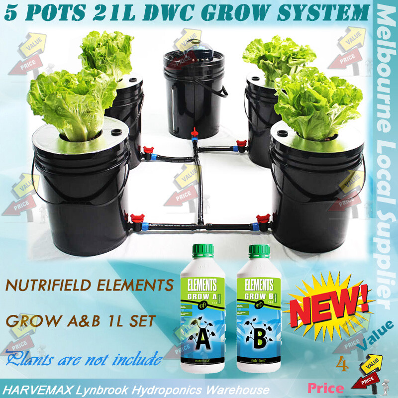 HYDROPONIC 5 POTS 21L DWC COMPLETED SYSTEM NUTRIFIELD ELEMENTS GROW A&B