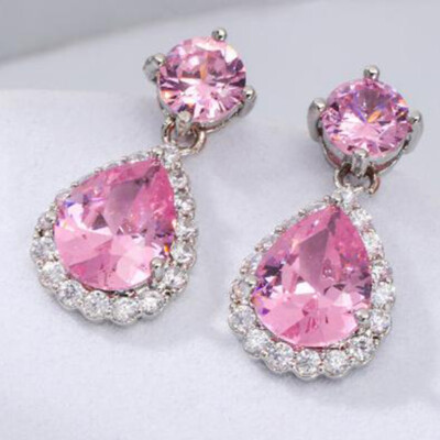 Classic Round Drop Pink Blue Topaz Green Quartz Citrine Gem Silver Stud Earrings