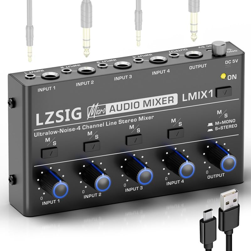 Mini Audio Mixer, Ultra Low-Noise, 4-Channel, 4 in 1 OUT