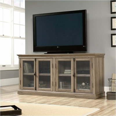 Pemberly Row Coastal Wood Storage Credenza for TVs up to 70" in Salt Oak