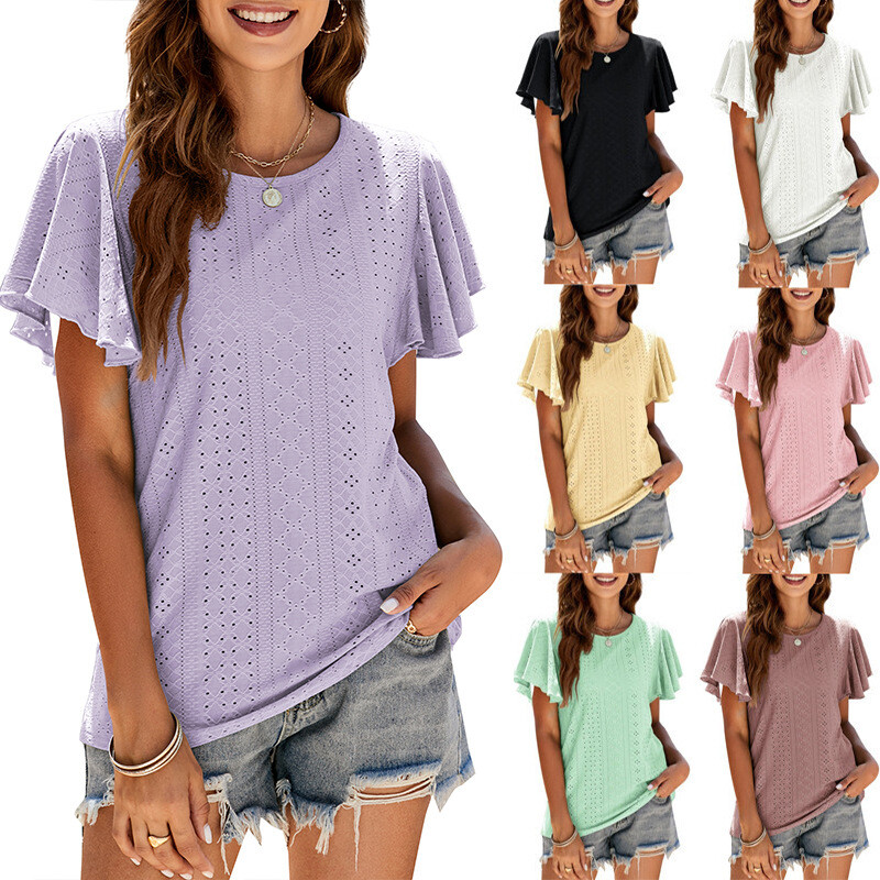 Women Hollow Out Top T-shirt Blouse Ruffle Short Sleeve Casual Summer Loose