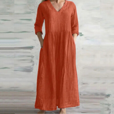 Plus Size Women V-Neck Cotton Linen Maxi Dress Kaftan Casual Baggy Long Dress