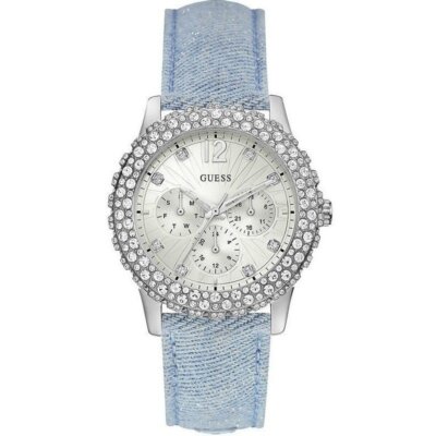 Guess Women's Analog Silver Dial Quartz Sky Blue Leather Strap W0336L7 Watch
