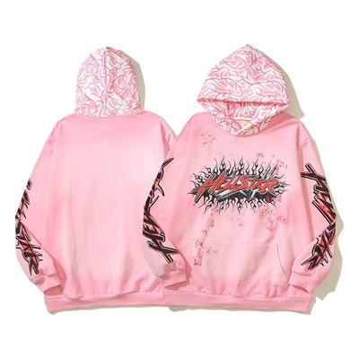 Hellstar Retro Graffiti Printed High Street Loose Hoodies for Men and Women-Pink