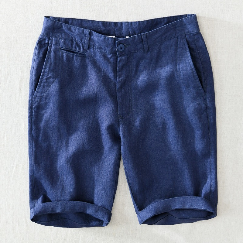 Herren 100% Leinen Shorts Freizeit Gerade Kurze Hosen Knopf Strand Kurze Hose