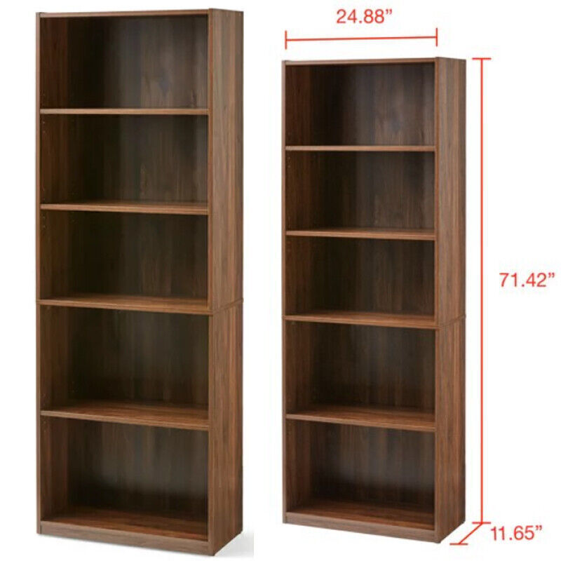 71" Tall Adjustable Framed 5 Shelf Wood Bookcase Storage Shelving Wide Bookshelf