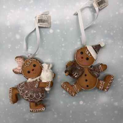 New 2 Pc Set Gingerbread Boy Girl Cookie Ornaments Mrs Claus Bakery Icing Baking