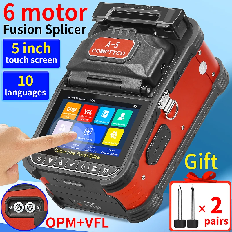 6 Motors A-5 Fiber Optic Fusion Splicer Hot Melt Machine 10 Languages Optical Fi