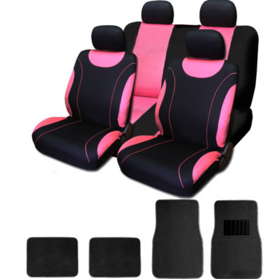For Nissan New Black and Pink Cloth Car Truck Seat Covers With Mats Full Set 