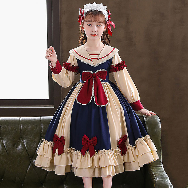 Kinder Mädchen Lolita A-Linie Kleid Langarm Schleife Rüschen Saum Blau
