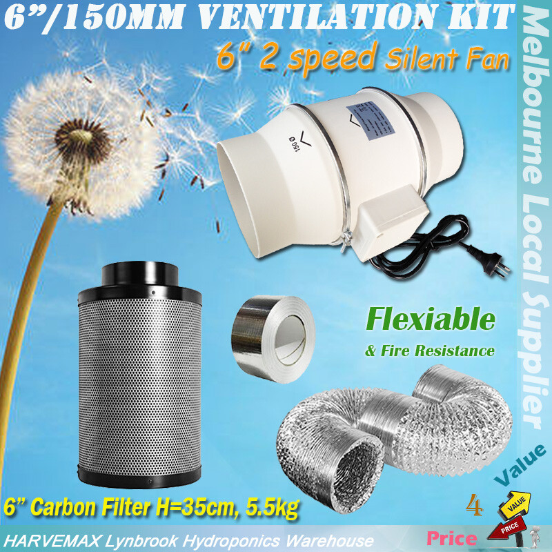 6" Hydroponics Grow Tent Ventilation Kit 2 Speed Fan Carbon Filter Duct
