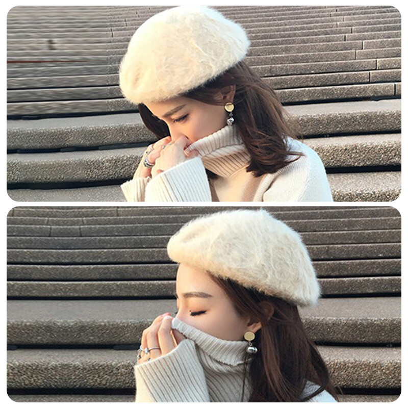Women Fluffy Rabbit Fur Beret Hat Soft Warm Autumn Winter Sweet Cap Solid Color