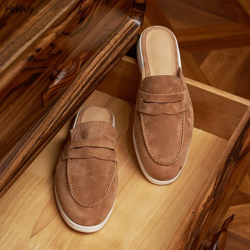 British Style Flat Bottomed Slip-On Men'S Half Slippers Genuine Leather Loafers 