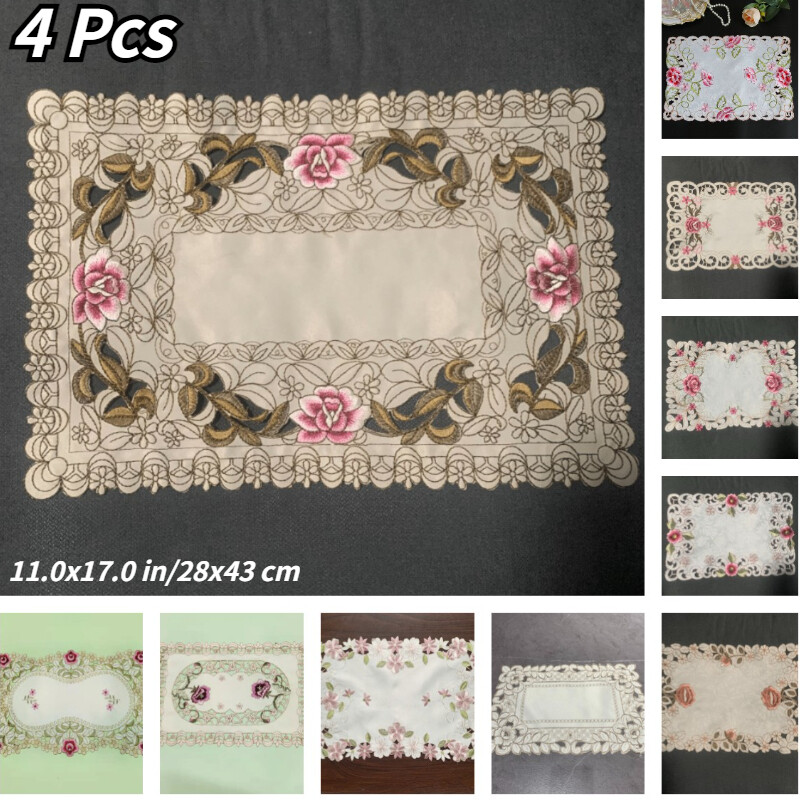 4 Pz Sottopiatto Ricamato Floreale Hollow Rettangolare Doily Coaster Piatto