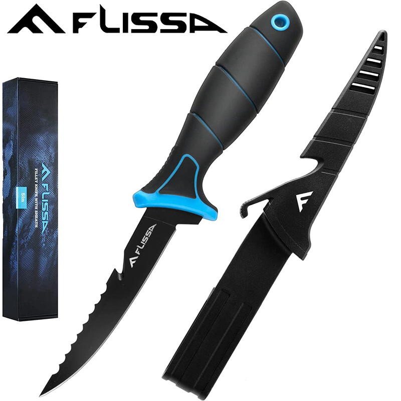 FLISSA 5" Fillet Knife Bait Knife Non-Slip Handle Lanyard Hole Belt Clip Sheath
