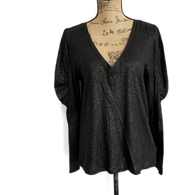 NWT Express Womens sz L Top Black Shimmer Long Puff Sleeve V Neck Pullover