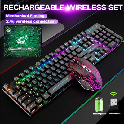 Wireless Gaming Keyboard Mouse Set Rainbow Backlit Rechargeable