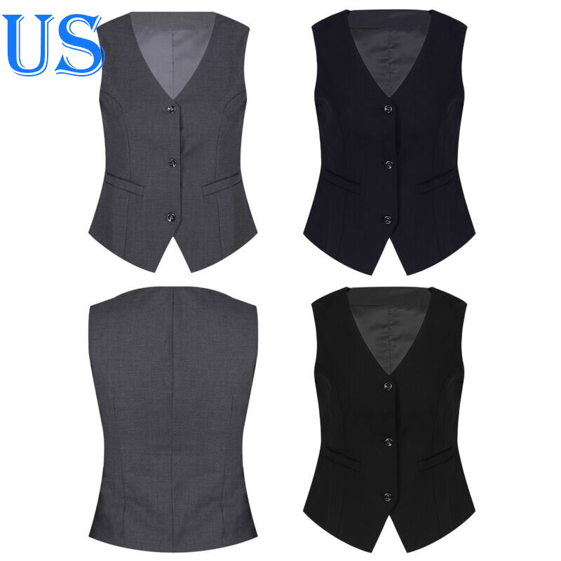 US Women's Classic Slim Suit Vest Button Down Vintage Business Formal Waistcoat
