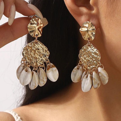 Multi-Layer Pearl Shell Tassel Dangle Earrings Zinc Alloy Beach Jewelry