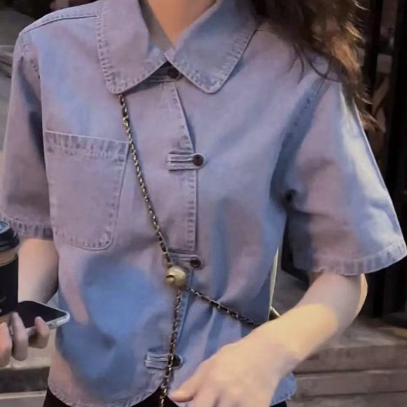Da Donna Jeans T-Shirt Manica Corta Rana Bottoni Top Corto Slim Estate