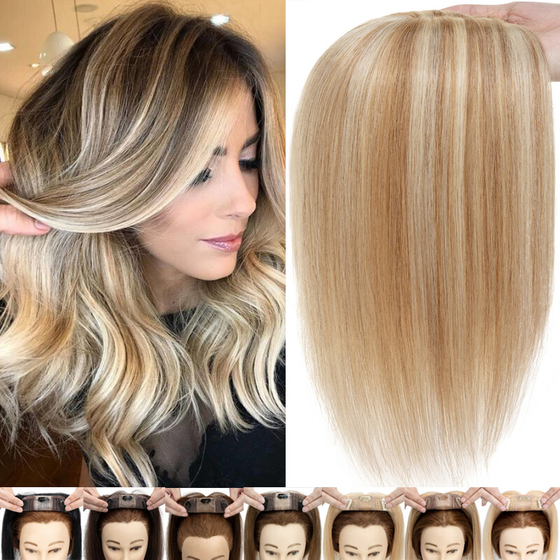 Highlight Clip in Human Hair Topper Hairpiece Wigs Toupee with Bangs Silk Base