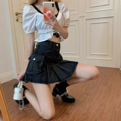 Punk Denim Lady Pleated Min Skirts Mini Cargo Pockets Gothic Frill