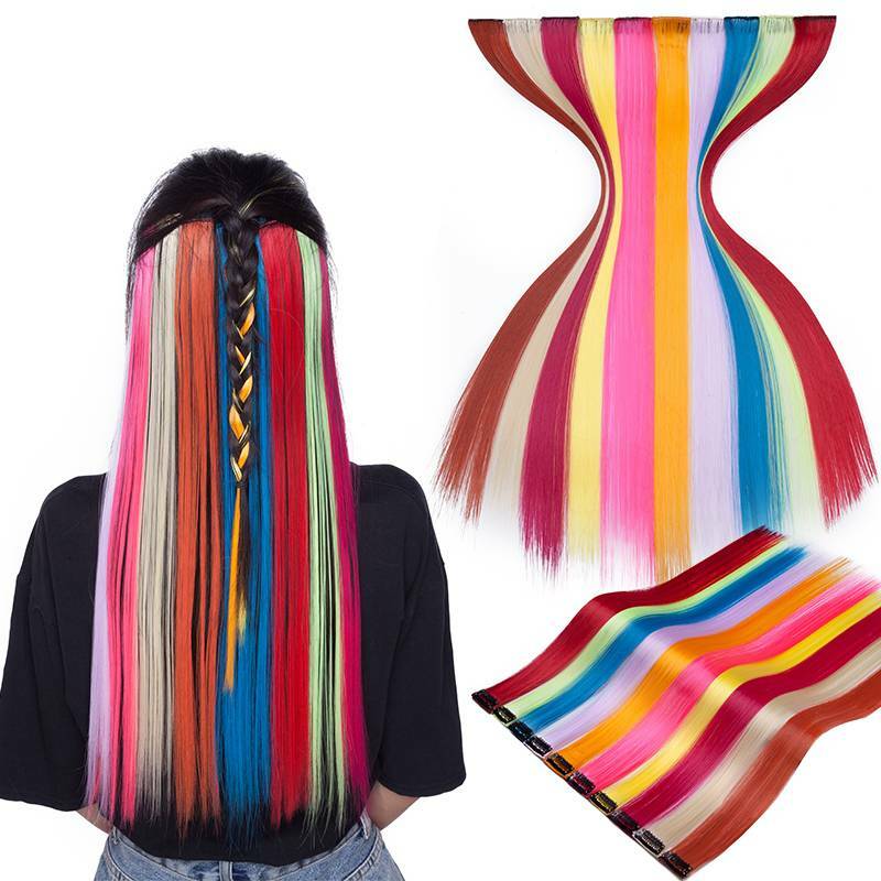 10PCS/set Multi Color Highlight Streaks Hairpiece Clip in Hair Extensions Blue