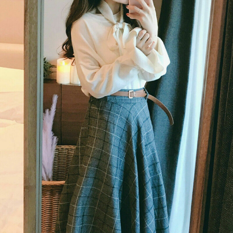 Women Girl Flared Pleated Skirt Dress Lattice Stripe Japanese Belt Winter