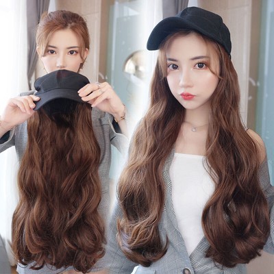 Baseballmütze mit Haaren Haarverlängerungen Lang Gewellt Lockig Perücken Dame DE