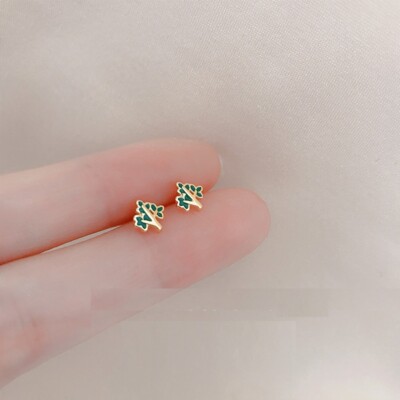 Adorable Tiny Gold Green Flower Tree Enamel Stud Earrings