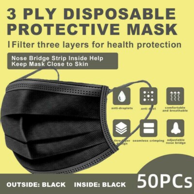 【50 Pcs】Black 3Ply Face Mask Disposable Non Medical Surgical Earloop Mouth Cover