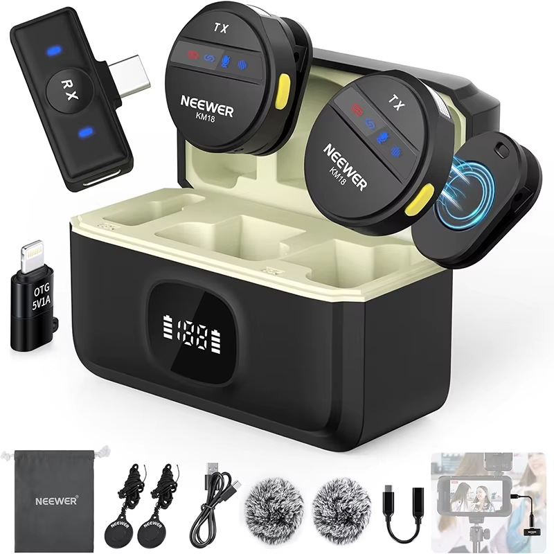 Neewer KM18 Wireless Lav Mic w/Noise Canceling & USB-C Case, 24H 200m for iPhone