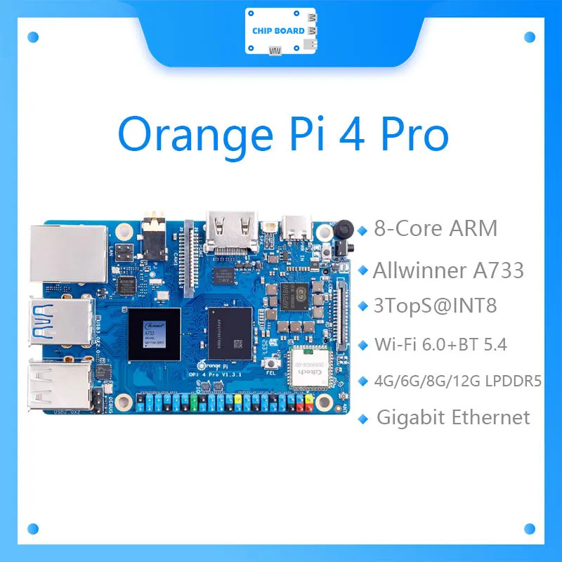 Orange Pi 4 Pro LPDDR5 RAM Single Board Computer, Gigabit ,3 Tops NPU, M.2 M-Key