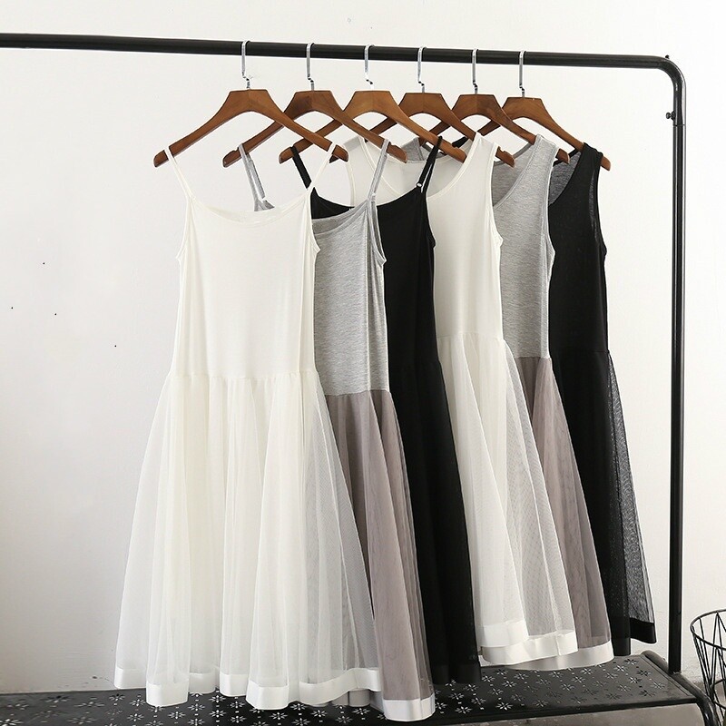 Women Tank Dress Long Vest Top Sleeveless Mesh Trim Layer Modal Casual White New