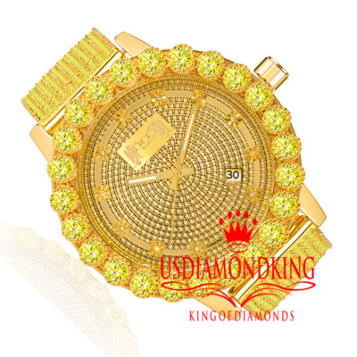 Pre-owned Khronos Canary Real Diamonds Mens Stainless Steel Gold Tone Custom Band Watch Solitaire