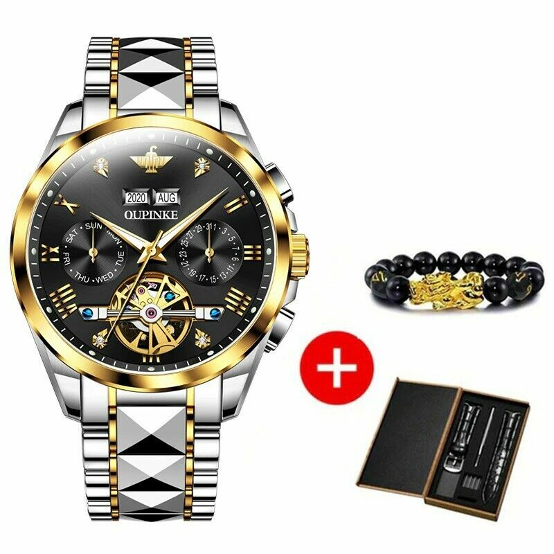 Pre-owned Oupinke Original  Men Automatic Watch Luxury Mechanical Wristwatch Waterproof In Black